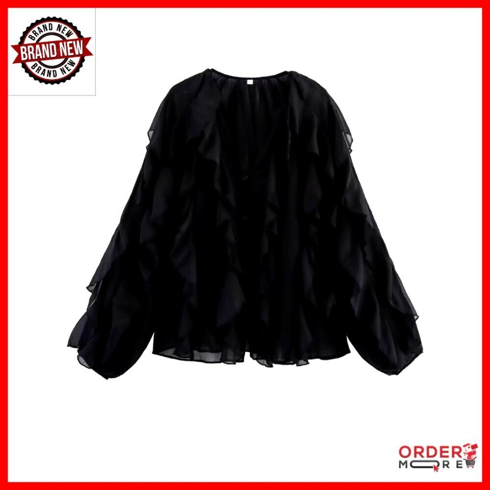 Ruffled Multi-Layered Chiffon Blouse V-Neck Long Sleeve Button Down Shirt